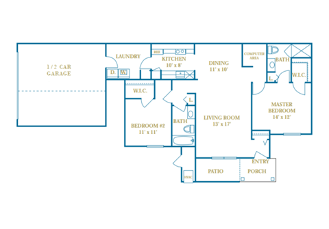 Floor plan for 2 beds, 2 baths, 1230 sqft